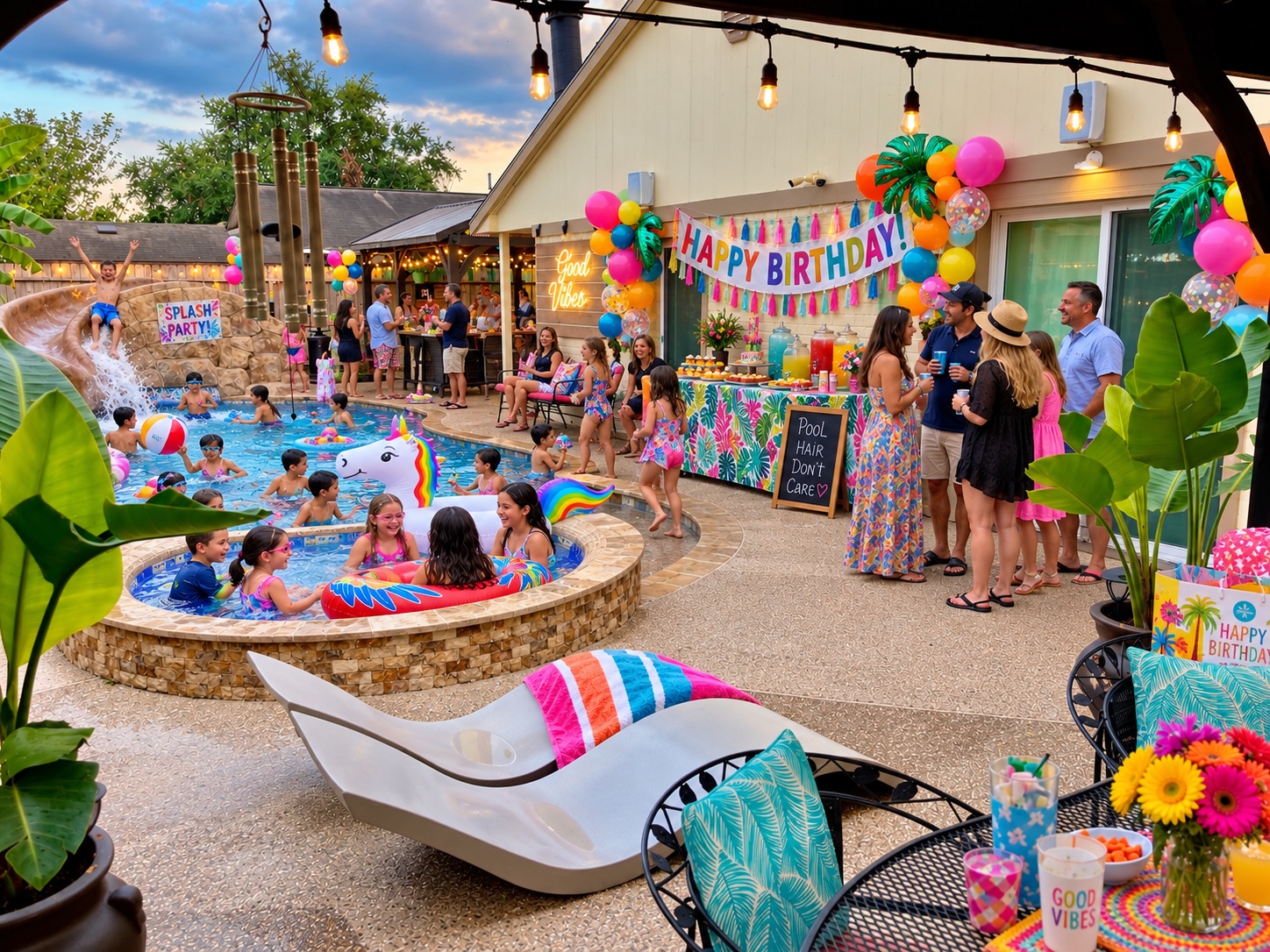 A lively family birthday pool party at Cypress River Oasis with children swimming and adults celebrating nearby