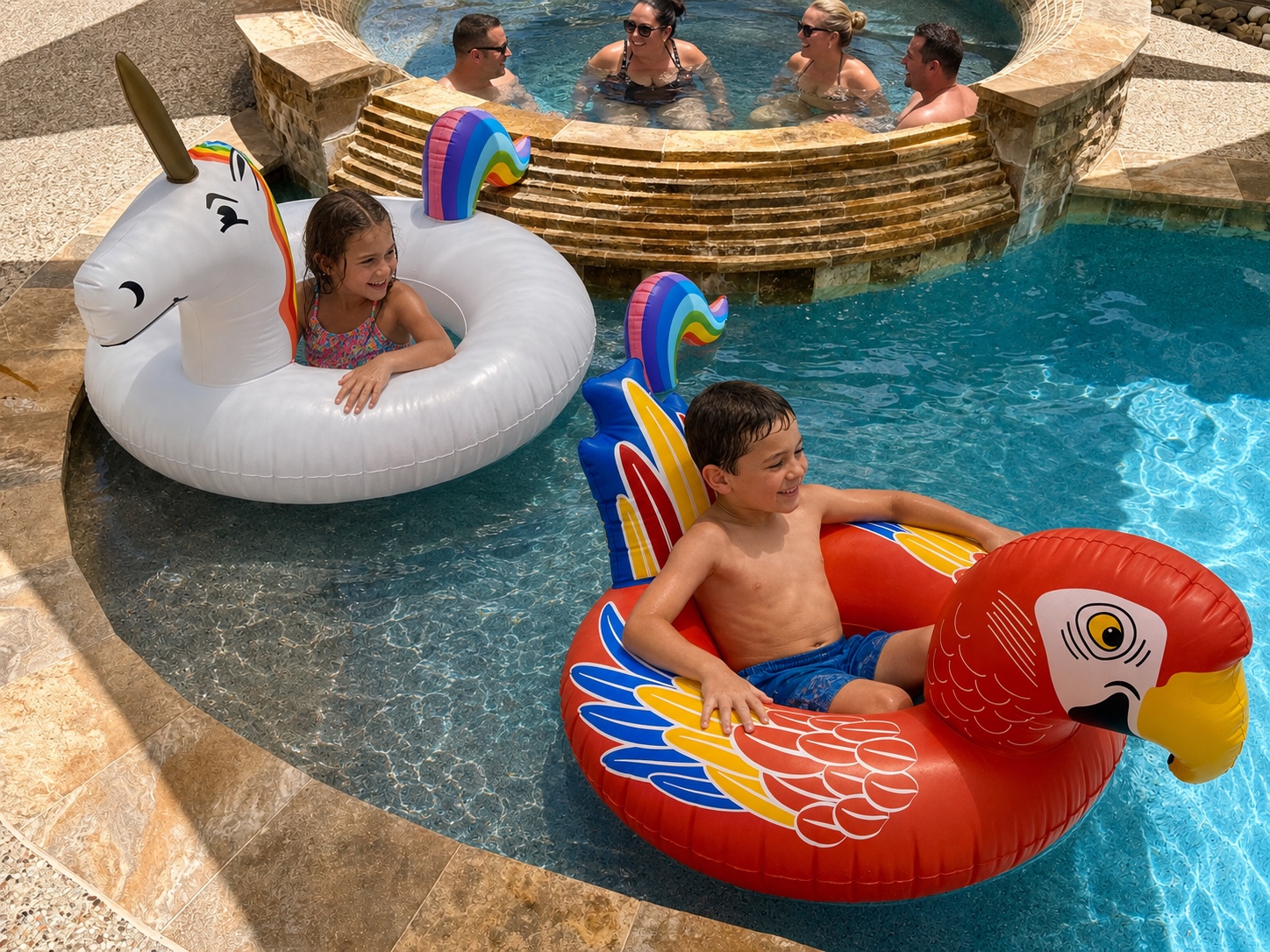 Kids enjoying colorful pool floats while adults relax together in the spa at Cypress River Oasis