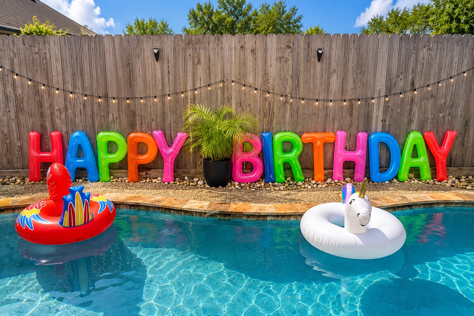 Large colorful HAPPY BIRTHDAY letters displayed beside the pool