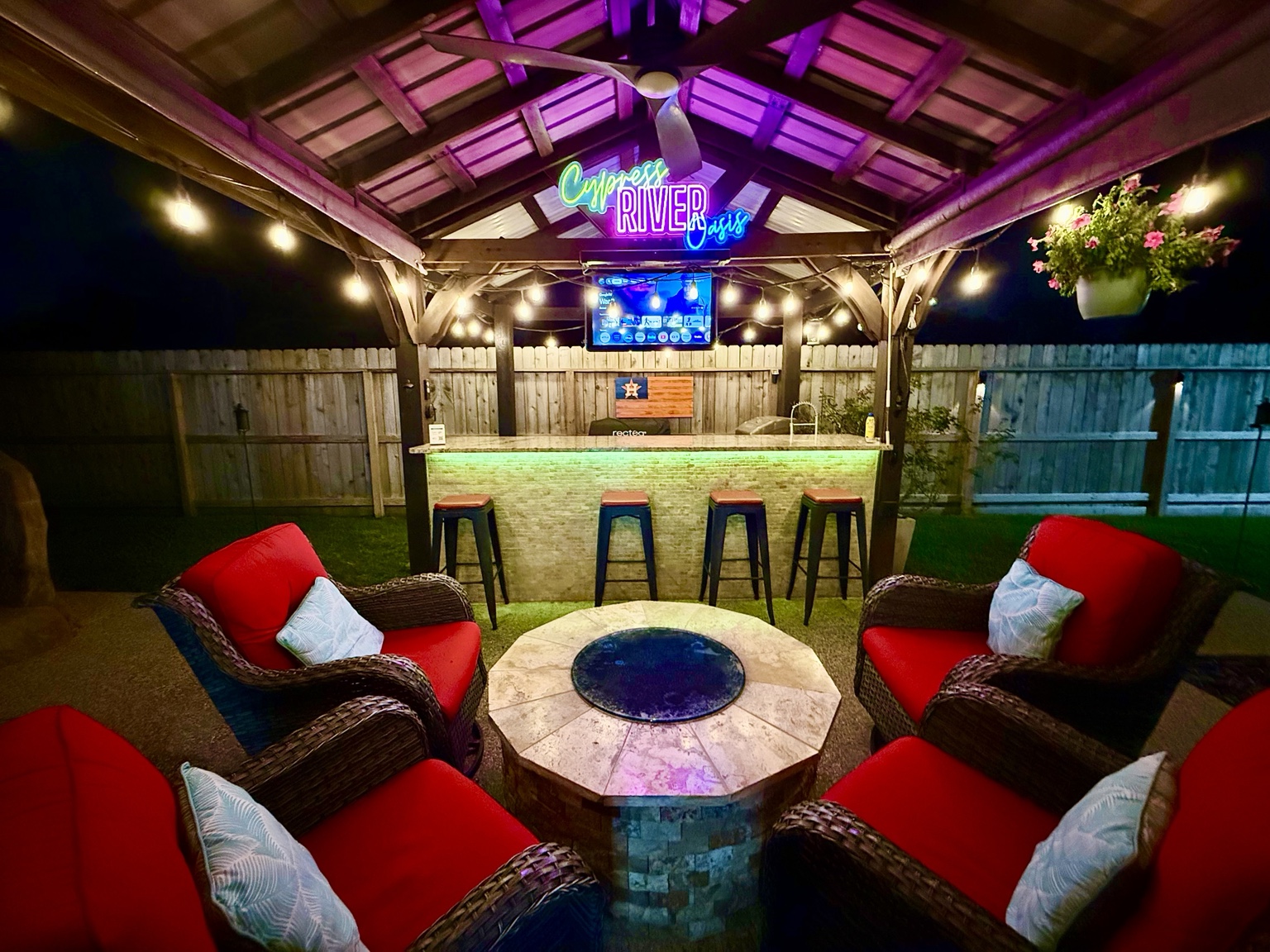 Covered lounge with nighttime lighting