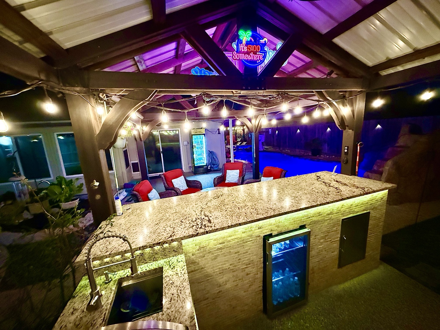 Illuminated granite bar at night