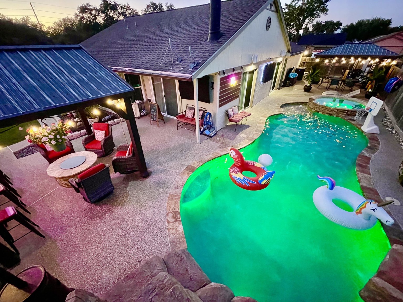 Green pool lighting at night