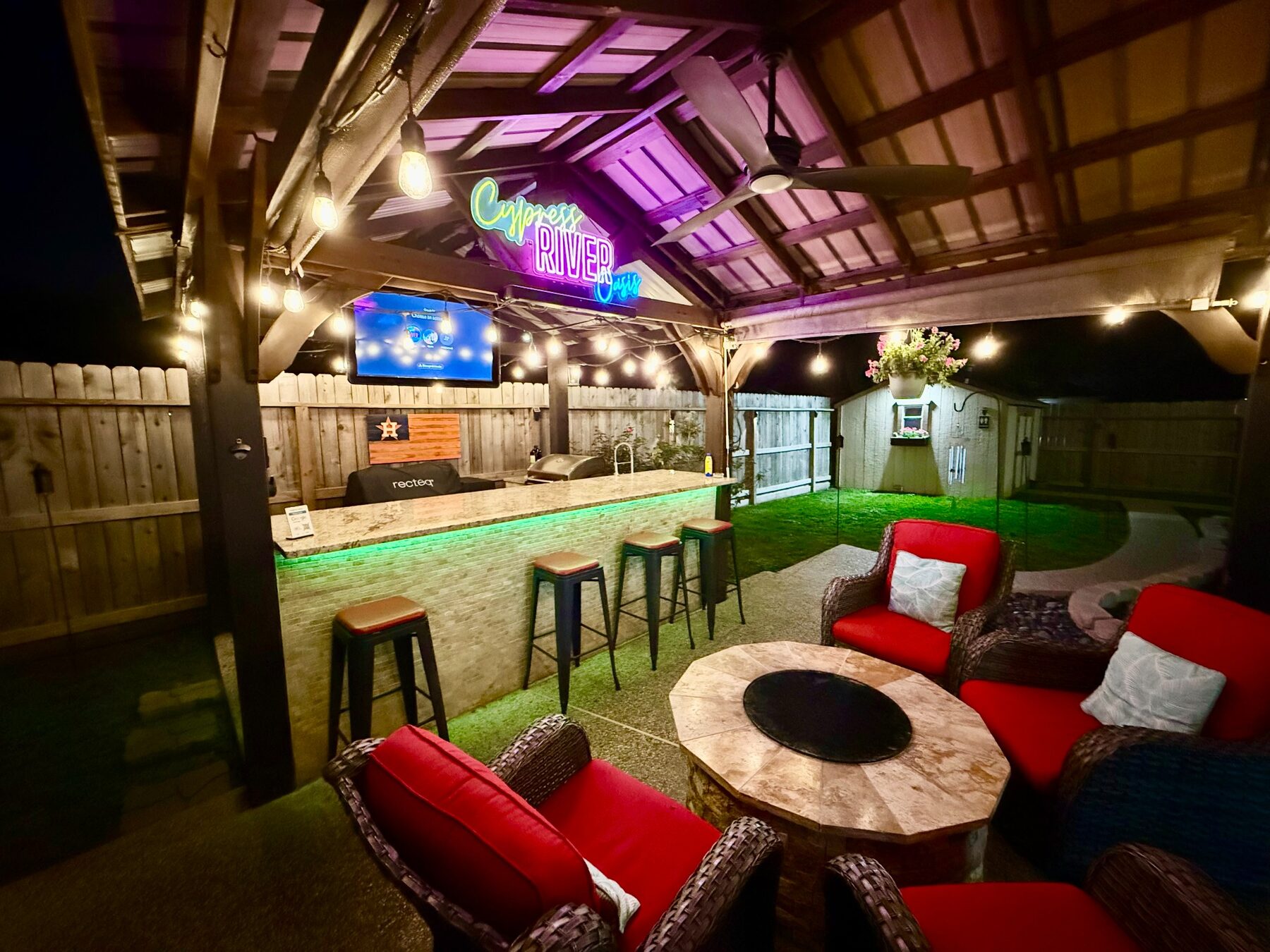 Covered Stream and Chill television and lounge area