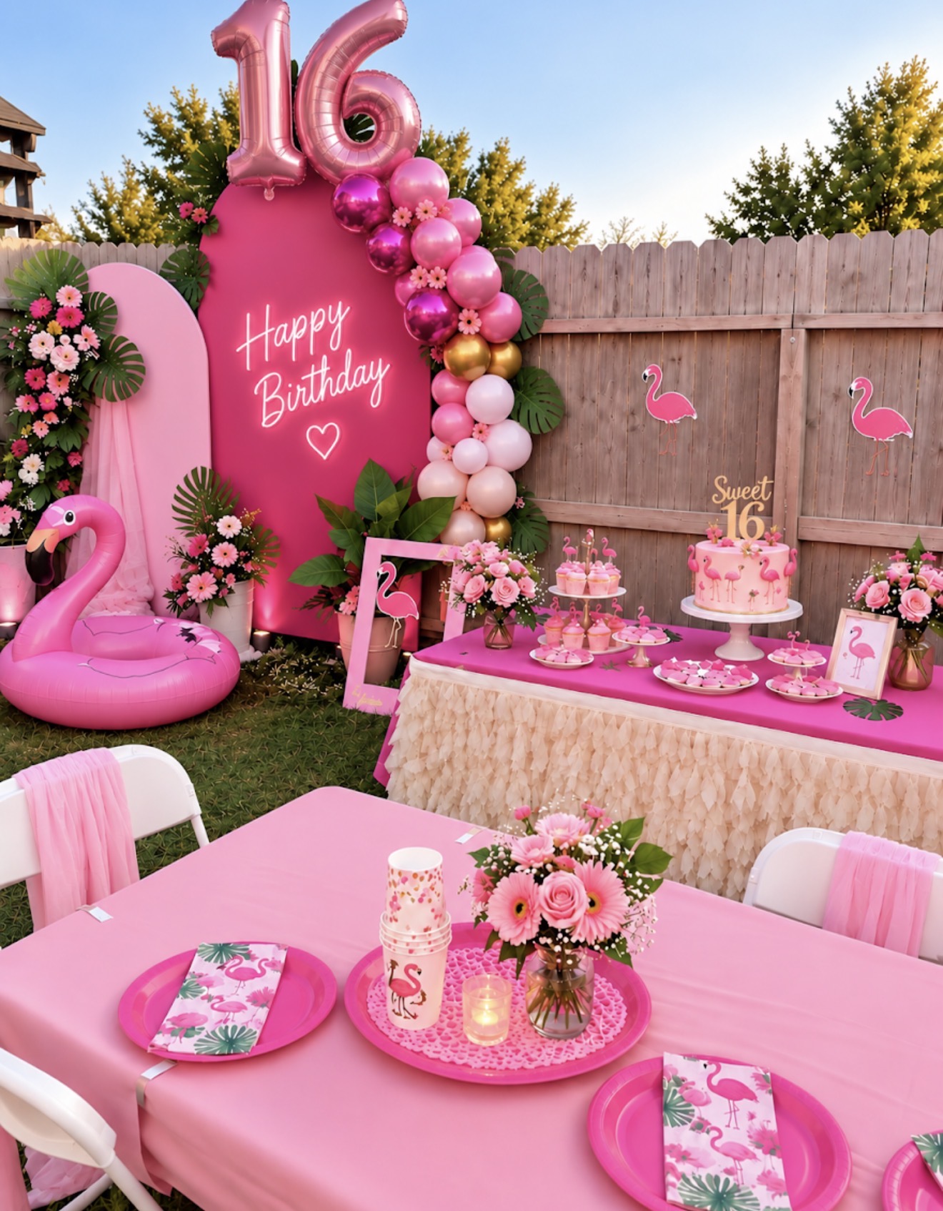 Pink Sweet 16 flamingo birthday party styling inspiration