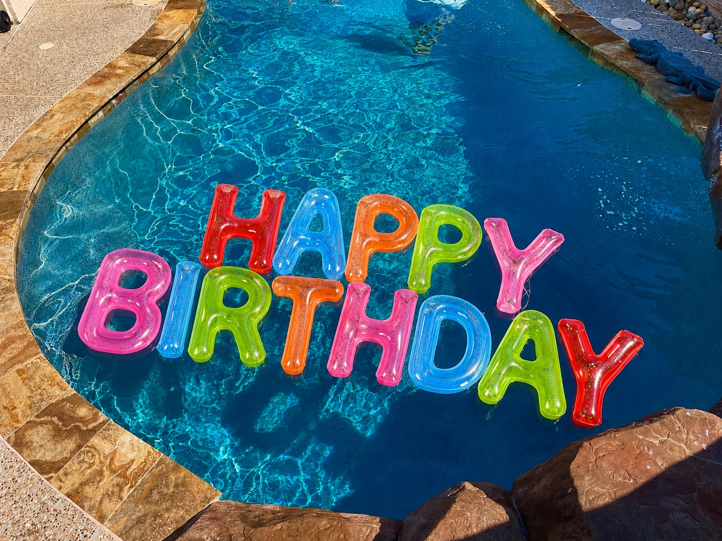 Colorful HAPPY BIRTHDAY letters floating in the pool