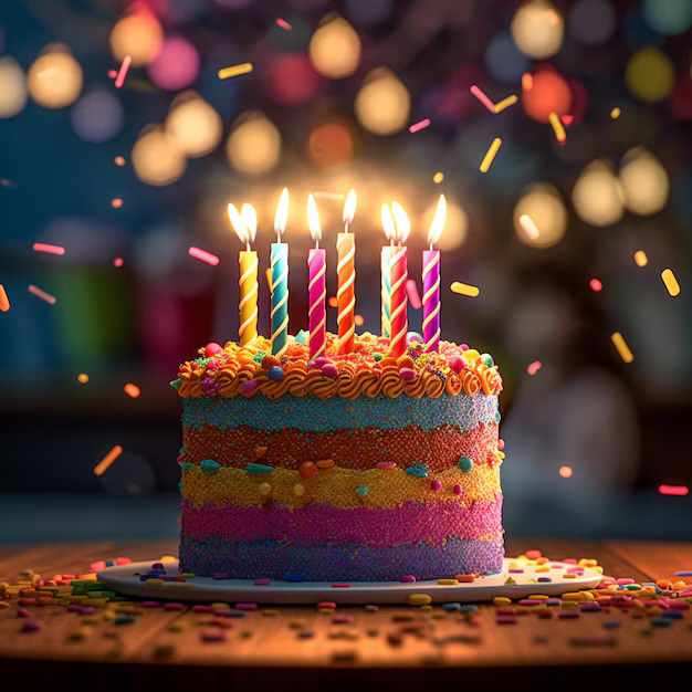 Colorful birthday cake with lit candles and confetti